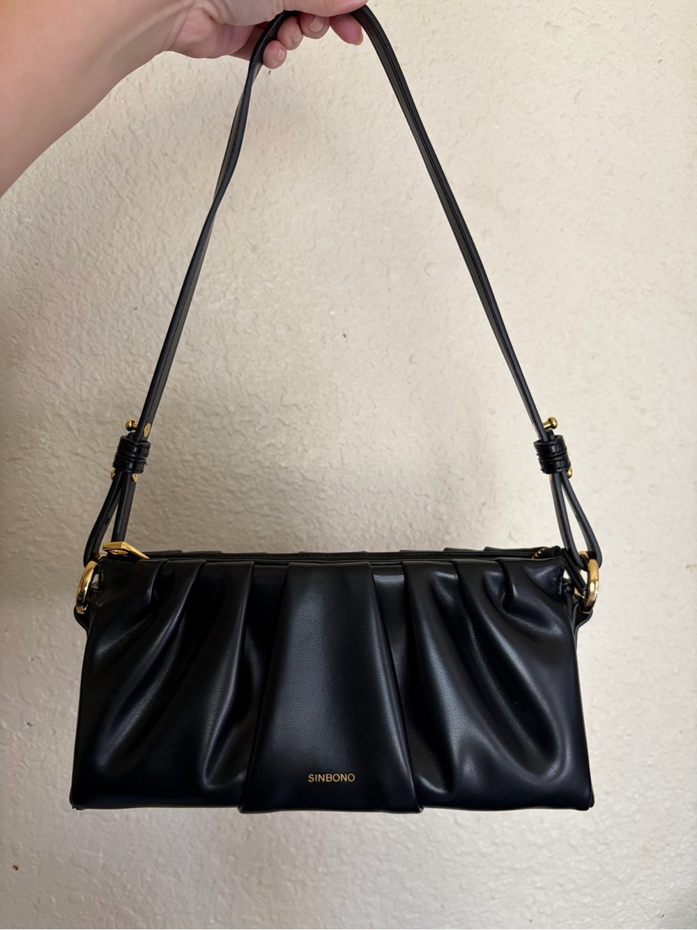 Black Pleated Shoulder Bag with Gold Accents